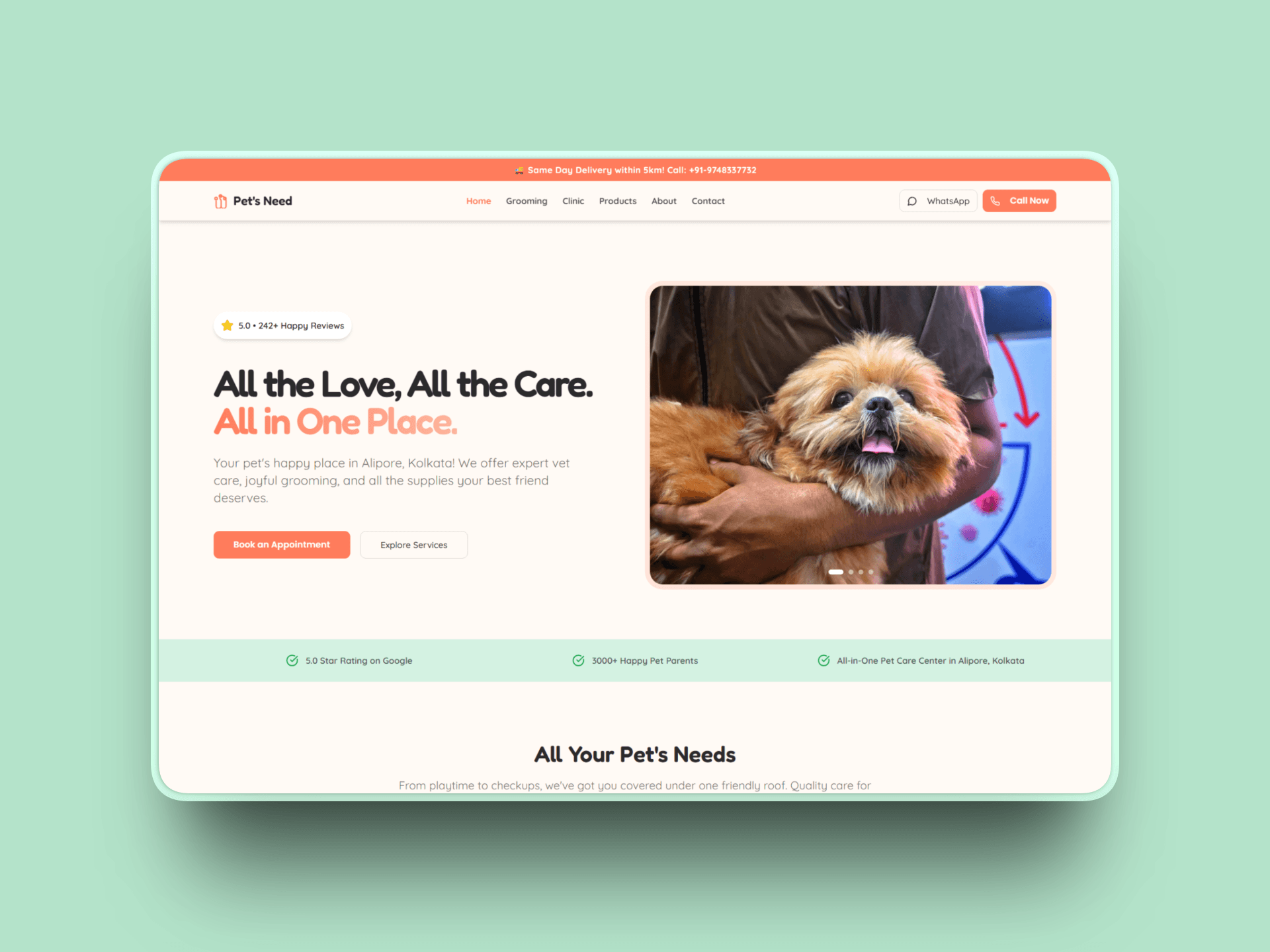 Screenshot of the petsneed.in homepage